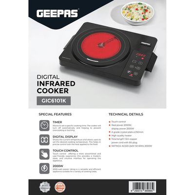 Geepas Digital Infrared Cooker Infrared Burner-GIC6101, With 10 Level Adjustable Temperature, Single Cooking Hob With Button Control, Multi Functions Include Hot Pot, Fry, Stir Fry, BBQ, Soup, Water, Warm 2000 W GIC6101K Black