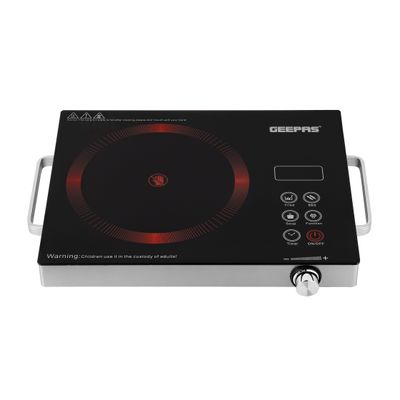 Geepas 4 Digit LED Display Digital Infrared Cooker,High-Temperature Resistant Glass 280*360mm, Elegant Design, Fireproof Material, Stainless Steel Body,Ceramic Heating Element, With 10 levels Of watt Setting 2000 W GIC6920NV Black/Red/Grey