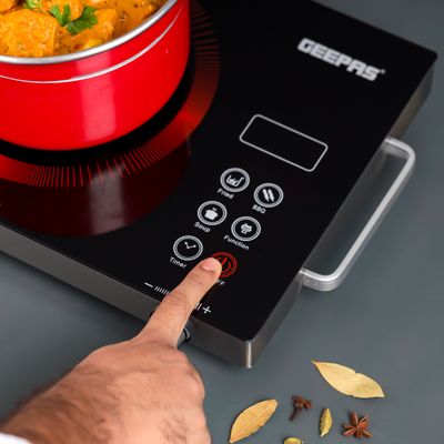 Geepas 4 Digit LED Display Digital Infrared Cooker,High-Temperature Resistant Glass 280*360mm, Elegant Design, Fireproof Material, Stainless Steel Body,Ceramic Heating Element, With 10 levels Of watt Setting 2000 W GIC6920NV Black/Red/Grey