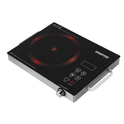 Geepas 4 Digit LED Display Digital Infrared Cooker,High-Temperature Resistant Glass 280*360mm, Elegant Design, Fireproof Material, Stainless Steel Body,Ceramic Heating Element, With 10 levels Of watt Setting 2000 W GIC6920NV Black/Red/Grey