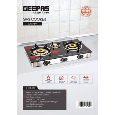 Geepas Gas Cooker, 8mm Tempered Glass Top, GK6759 | Triple Burner Gas Stove | Stainless Steel Frame & Tray | Japanese Piezo | Iron Mixing Tube, Piezo Ignition, Easy To Clean GK6759 Black