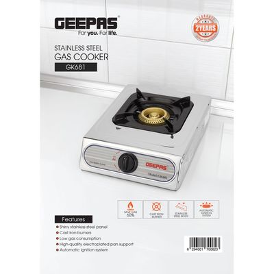 Geepas Auto Ignition Cook-top high Fuel Efficiency Single Burner Gas Cooker| Cast Iron Burner GK681 Silver