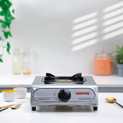 Geepas Auto Ignition Cook-top high Fuel Efficiency Single Burner Gas Cooker| Cast Iron Burner GK681 Silver