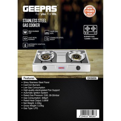 Geepas Two Burner Stainless Steel Gas Burner Stove Auto Ignition, Outdoor Grill, Camping Stoves GK6856 Silver/Grey