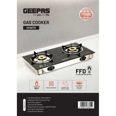 Geepas 2-Burner Gas Hob 70 mm & 90 mm - Tempered Glass Worktop - Automatic Ignition, 2 Heating Zones 4.5Kw| Stainless Steel Frame, Brass Burner GK6879 Silver/Black