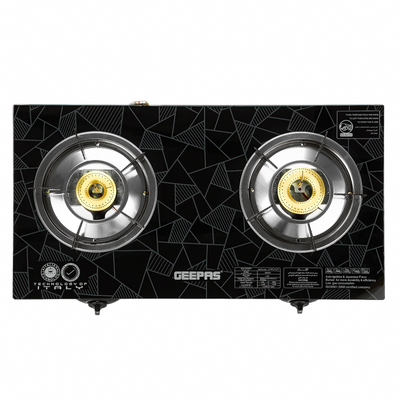 Geepas 2-Burner Gas Hob 70 mm & 90 mm - Tempered Glass Worktop - Automatic Ignition, 2 Heating Zones 4.5Kw| Stainless Steel Frame, Brass Burner GK6879 Silver/Black