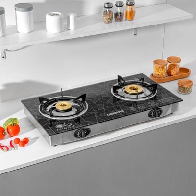 Geepas 2-Burner Gas Hob 70 mm & 90 mm - Tempered Glass Worktop - Automatic Ignition, 2 Heating Zones 4.5Kw| Stainless Steel Frame, Brass Burner GK6879 Silver/Black