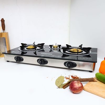 Triple Gas Burner with Tempered Glass -  Auto-Ignition, Thick Pan Support & Comfortable Knobs | Low Gas Consumption | Perfect for All Types of Kitchen GK6880 Silver/Black