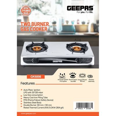 2-Burner Gas Hob/Burner - Durable Stainless Steel Gas Range with Auto Ignition | Home,Outdoor Grill, Camping Stoves GK6898 Silver/Black