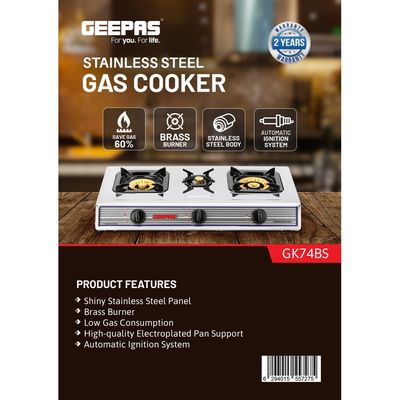 Geepas Stainless Steel Gas Cooker with 3 Burners| Anti-Skid Feet | Auto Ignition | Energy Efficient | LPG Gas Type | Gas Stove for Kitchen GK74 Silver/Black