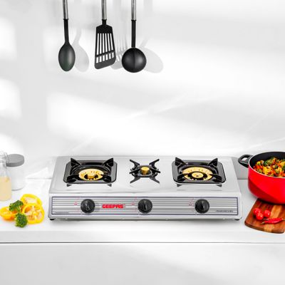 Stainless Steel Gas Cooker with 3 Burners| Anti-Skid Feet | Auto Ignition | Energy Efficient | LPG Gas Type | Gas Stove for Kitchen GK74 Silver/Black