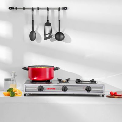Geepas Stainless Steel Gas Cooker with 3 Burners| Anti-Skid Feet | Auto Ignition | Energy Efficient | LPG Gas Type | Gas Stove for Kitchen GK74 Silver/Black