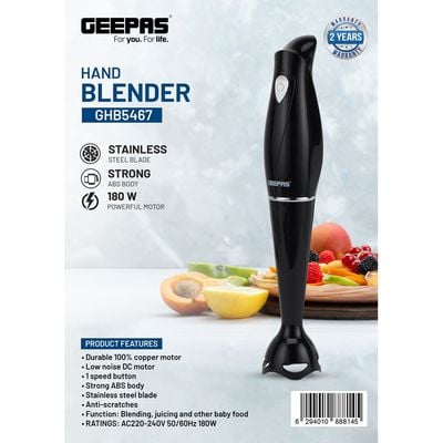 Geepas Hand Blender Stainless Steel Blade Food Collection Immersion Hand Blender with Removable Stick Ideal for Smoothies Shakes GHB5467N Black