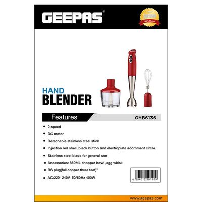 Geepas Hand Blender - Stainless Steel Blades with 2 Speed for Baby Food, Soup, Juice | 860ml Chopper Bowl & Electric Egg Whisk - 2 Years Warranty GHB6136 Red/Silver/Clear