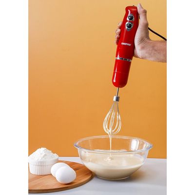 Geepas Hand Blender - Stainless Steel Blades with 2 Speed for Baby Food, Soup, Juice | 860ml Chopper Bowl & Electric Egg Whisk - 2 Years Warranty GHB6136 Red/Silver/Clear