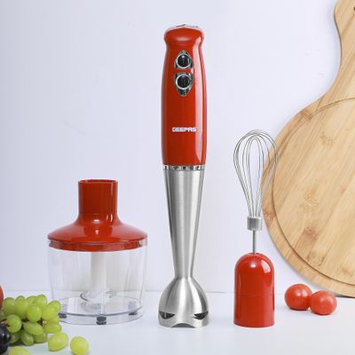 Geepas Hand Blender - Stainless Steel Blades with 2 Speed for Baby Food, Soup, Juice | 860ml Chopper Bowl & Electric Egg Whisk - 2 Years Warranty GHB6136 Red/Silver/Clear