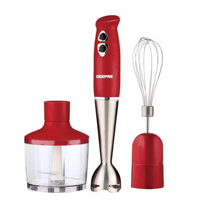 Geepas Hand Blender - Stainless Steel Blades with 2 Speed for Baby Food, Soup, Juice | 860ml Chopper Bowl & Electric Egg Whisk - 2 Years Warranty GHB6136 Red/Silver/Clear