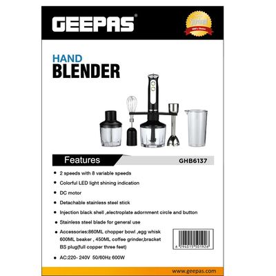 Geepas Multi Functional 5 In 1 Hand Blender With 860 ML Chopper Bowl, 8 Variable Speed, Removable Stainless Steel Stick GHB6137 Black/Clear/Silver