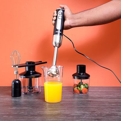 Geepas Multi Functional 5 In 1 Hand Blender With 860 ML Chopper Bowl, 8 Variable Speed, Removable Stainless Steel Stick GHB6137 Black/Clear/Silver