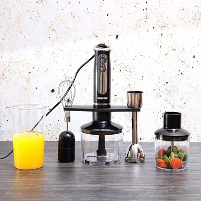 Geepas Multi Functional 5 In 1 Hand Blender With 860 ML Chopper Bowl, 8 Variable Speed, Removable Stainless Steel Stick GHB6137 Black/Clear/Silver