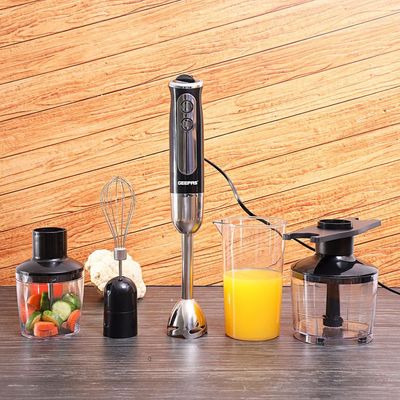 Geepas Multi Functional 5 In 1 Hand Blender With 860 ML Chopper Bowl, 8 Variable Speed, Removable Stainless Steel Stick GHB6137 Black/Clear/Silver