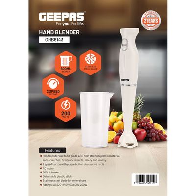 Geepas Hand Blender , 2 Speed, Stainless Steel Blade | Low Noise DC Motor | Detachable Stick | Ideal for Making Smoothies, Milk Shakes, Baby Food | Anti-Splash White Guard GHB6143 White