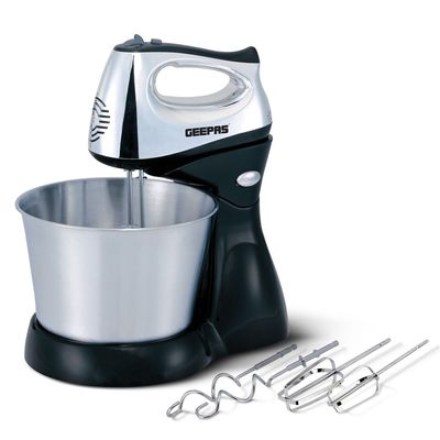 Geepas 2.5L Stand Mixer - Stainless Steel Mixing Durable Bowl for Bread & Dough | 5 Speed Control, Eject Button, Turbo Function, Copper Engine, 2.5 L 200 W GHM5461 Silver/Black