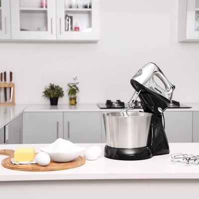 Geepas 2.5L Stand Mixer - Stainless Steel Mixing Durable Bowl for Bread & Dough | 5 Speed Control, Eject Button, Turbo Function, Copper Engine, 2.5 L 200 W GHM5461 Silver/Black