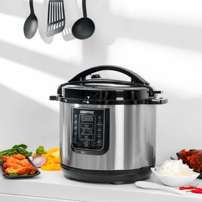 Geepas Digital Multi Cooker | 4 digital LED display|14 14 Smart Cooking Programs With One Touch , Auto Shut off Function | Ideal for Rice Meat bean vegetable Soup |Detachable Inner Lid 12.0 L 1600.0 W GMC35030 Silver/Black