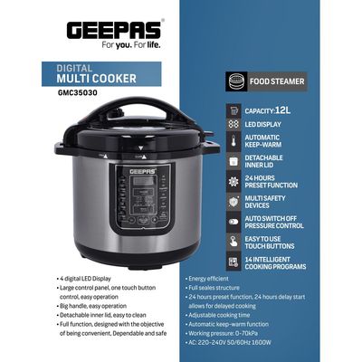 Geepas Digital Multi Cooker | 4 digital LED display|14 14 Smart Cooking Programs With One Touch , Auto Shut off Function | Ideal for Rice Meat bean vegetable Soup |Detachable Inner Lid 12.0 L 1600.0 W GMC35030 Silver/Black