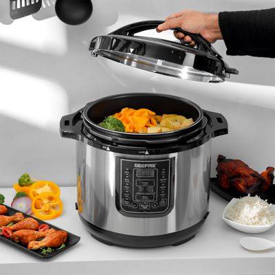 Geepas Digital Multi Cooker | 4 digital LED display|14 14 Smart Cooking Programs With One Touch , Auto Shut off Function | Ideal for Rice Meat bean vegetable Soup |Detachable Inner Lid 12.0 L 1600.0 W GMC35030 Silver/Black