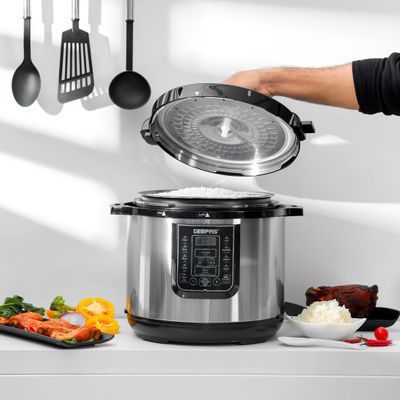 Geepas Digital Multi Cooker | 4 digital LED display|14 14 Smart Cooking Programs With One Touch , Auto Shut off Function | Ideal for Rice Meat bean vegetable Soup |Detachable Inner Lid 12.0 L 1600.0 W GMC35030 Silver/Black