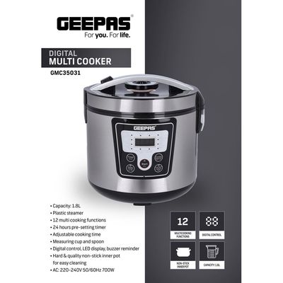 Geepas Digital Multi Cooker With 12 Multi Cooking Program Including LED Display Hard and Quality Non-Stick Inner Pot Digital control 1.8 L 700 W GMC35031 Silver/Black