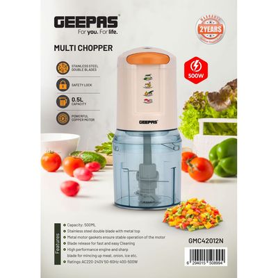 Geepas Geepas Mini Food Processor, Chopper| 4 Bi-Level Stainless Steel Blades| Perfect for Salads, Salsa, Pesto, Curry Pastes| Powerful Copper Motor 0.5 L 500 W GMC42012N White