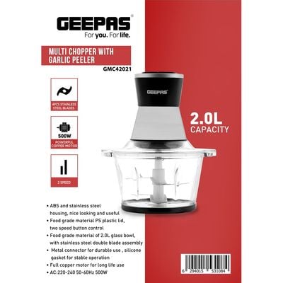 Geepas 2L Multi Copper With Garlic Peeler - 2 Speed with 4Pcs Stainless Steel Blades,Glass Bowl 2 L 500 kW GMC42021 Black/silver