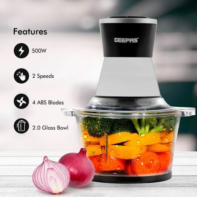 Geepas 2L Multi Copper With Garlic Peeler - 2 Speed with 4Pcs Stainless Steel Blades,Glass Bowl 2 L 500 kW GMC42021 Black/silver