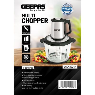 Geepas Compact Multi Chopper With Two Speed Levels And Double Blade Assembly 3 L 500 W GMC42024 Silver, Black