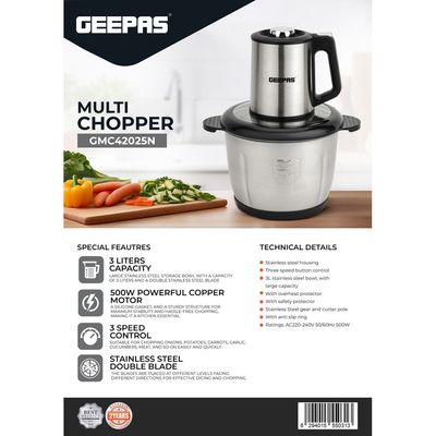 Geepas Multi Chopper With Stainless Steel Bowl 3 L 500 W GMC42025 Black/Silver