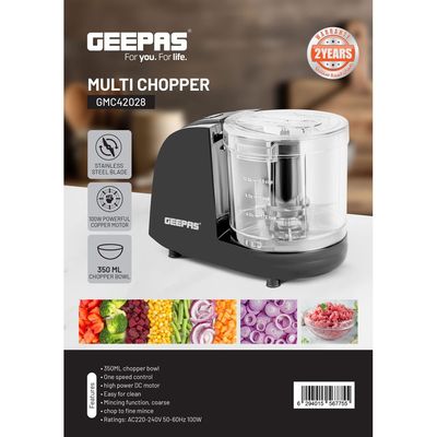 Geepas Geepas Multi Chopper With Stainless Steel Blade, 100W Powerful Copper Motor, 350ML Chopper Bowl, One Speed Control, High Power DC Motor, Mincing Function, Coarse, Easy To Clean, Chop To Fine Mince 350 ml 100 W GMC42028 Black