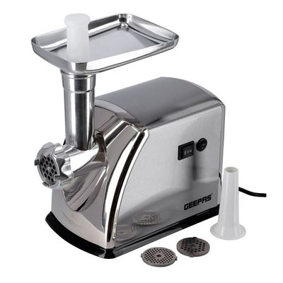 Geepas Meat Grinder Electric Aluminum Gearbox - 3 Metal Stainless Steel Cutting Plates, Accessories, Metal Gears, Stainless Steel Blade 1 kg 1600 W GMG1909 Silver