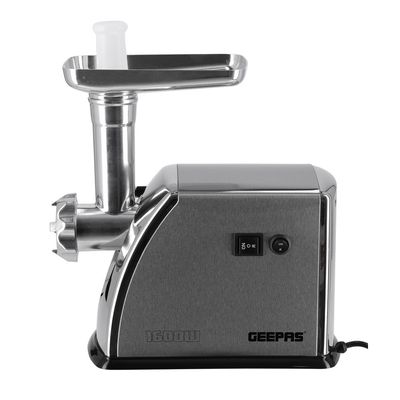 Geepas Meat Grinder Electric Aluminum Gearbox - 3 Metal Stainless Steel Cutting Plates, Accessories, Metal Gears, Stainless Steel Blade 1 kg 1600 W GMG1909 Silver