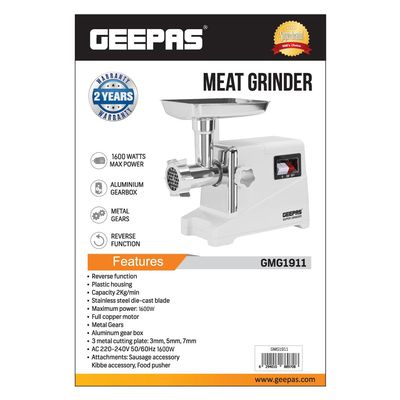 Geepas Metal Gear Meat Grinder with Reverse Function, Copper Material Motor, , 3 Cutting Plates -3MM, 5MM & 7 MM, Metal Gears 1600 W GMG1911 White