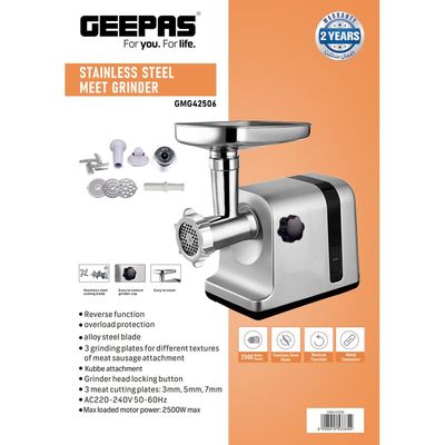 Geepas Meat Grinder Electric Aluminum Gearbox - 3 Metal Stainless Steel Cutting Plates Accessories Metal Gears Stainless Steel Blade GMG42506 Silver/Black