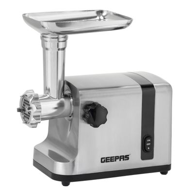 Geepas Meat Grinder Electric Aluminum Gearbox - 3 Metal Stainless Steel Cutting Plates Accessories Metal Gears Stainless Steel Blade GMG42506 Silver/Black