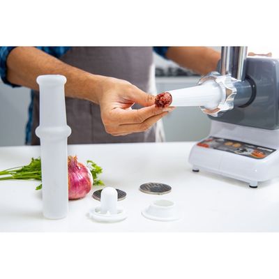 Geepas Meat Grinder, Electric Meat Mincer, Reverse Function Metal Cutting Plates, Accessories, Metal Gears, Stainless Steel Blade 1kg Capacity 800.0 W GMG767 White/Silver