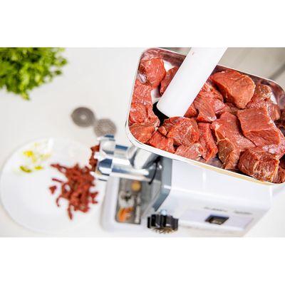 Geepas Meat Grinder, Electric Meat Mincer, Reverse Function Metal Cutting Plates, Accessories, Metal Gears, Stainless Steel Blade 1kg Capacity 800.0 W GMG767 White/Silver