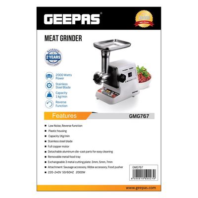 Geepas Meat Grinder, Electric Meat Mincer, Reverse Function Metal Cutting Plates, Accessories, Metal Gears, Stainless Steel Blade 1kg Capacity 800.0 W GMG767 White/Silver