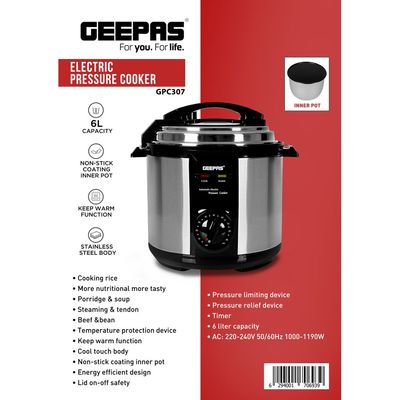 Geepas Electric Pressure Cooker | Non-Stick Coating Inner Pot | Keep Warm Function | Stainless Steel Cooker | Cool Touch Body | Timer Function 6.0 L GPC307 Silver/Black