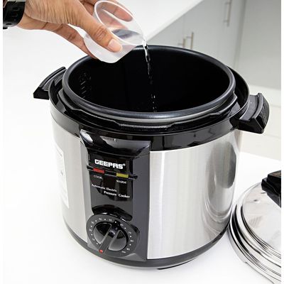 Geepas Electric Pressure Cooker | Non-Stick Coating Inner Pot | Keep Warm Function | Stainless Steel Cooker | Cool Touch Body | Timer Function 6.0 L GPC307 Silver/Black