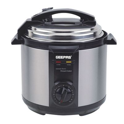 Geepas Electric Pressure Cooker | Non-Stick Coating Inner Pot | Keep Warm Function | Stainless Steel Cooker | Cool Touch Body | Timer Function 6.0 L GPC307 Silver/Black